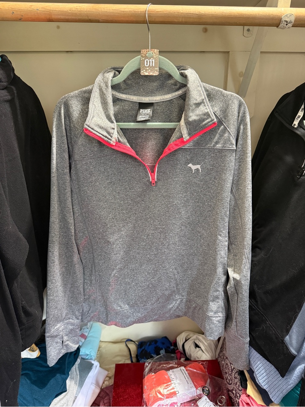 011 PINK Victoria's Secret Gray Quarter-Zip Pullover with Pink Trim